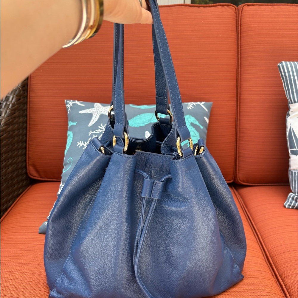 Elegant Blue Leather Laggo Tote Bag/Hobo